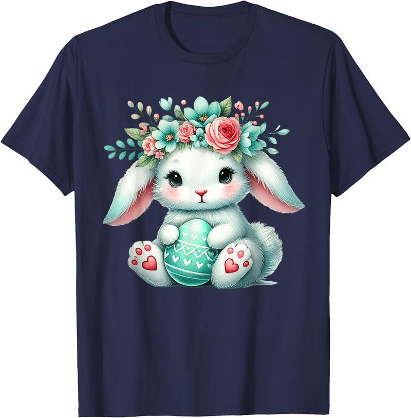 Easter Bunny with Flower Crown Girls Women Floral Cute T-Shirt in Navy Blue