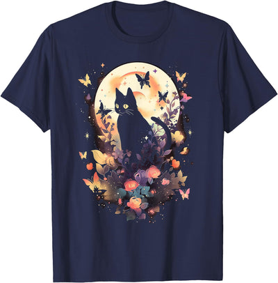 Cottagecore Goblincore and Fairycore Stuff Aesthetic Cottagecore Cat with Butterfly on Moon T-Shirt