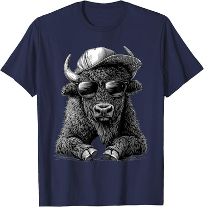 Cow Safari Animal Art Buffalo with Sunglasses Funny Bison T-Shirt