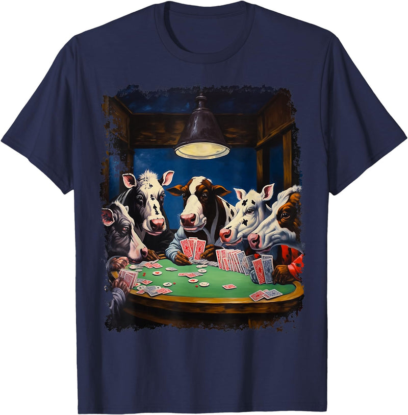 Noah&Friends Playing Card Pop Art Gambling Cows Playing Poker Cards T-Shirt - Navy Blue