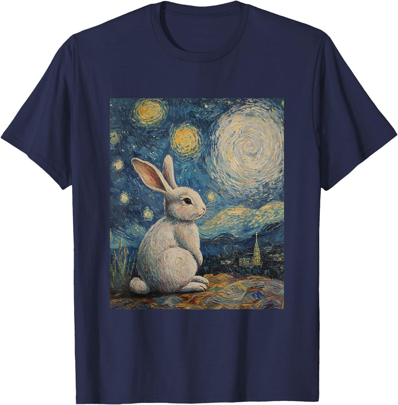 Bunny Rabbit Van Gogh Style Starry Night Cute Graphic T-Shirt (Black) in Navy Blue