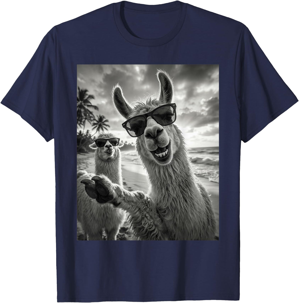 Funny Llama Stuff Accessories & Gifts Cool Llama Selfie At The Beach, Cute Llamas Alpaca T-Shirt - Navy Blue