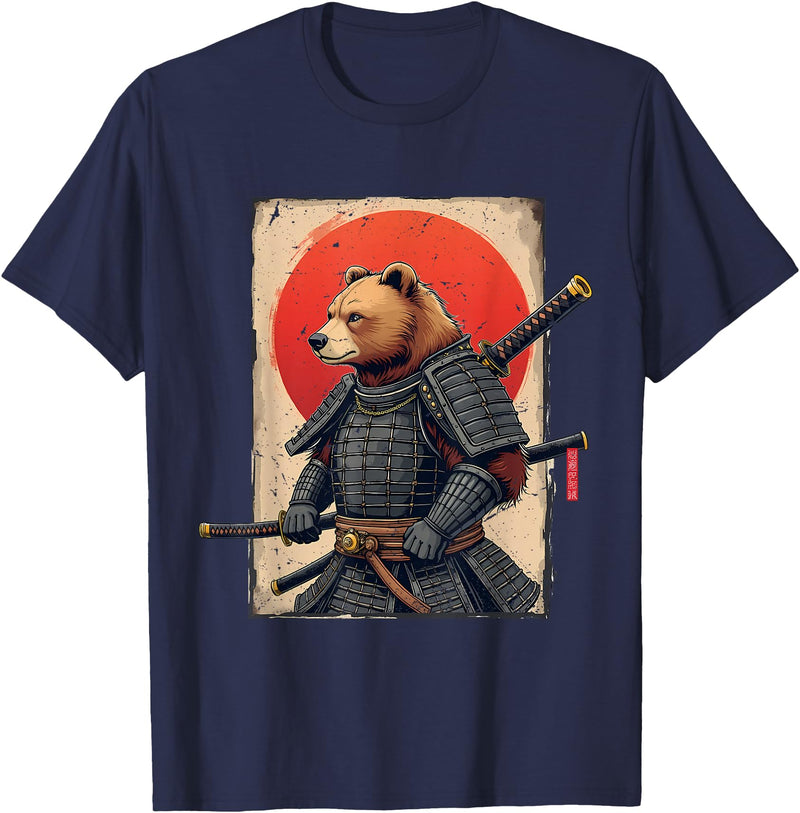 Japanese Samurai Bear Woodblock Art Samurai Brown Bear Ukiyo-e Ink Warrior Art Japanese Bear Art T-Shirt - Navy Blue
