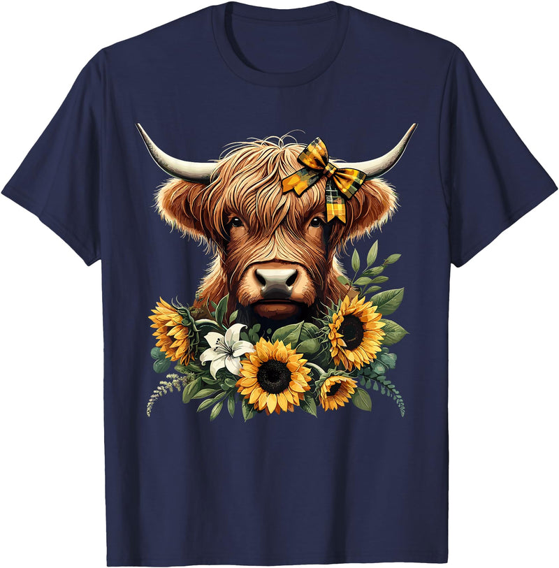 Cute Highland Cow and Coquette Bow Highland Cow with Sunflowers T-Shirt - Navy Blue