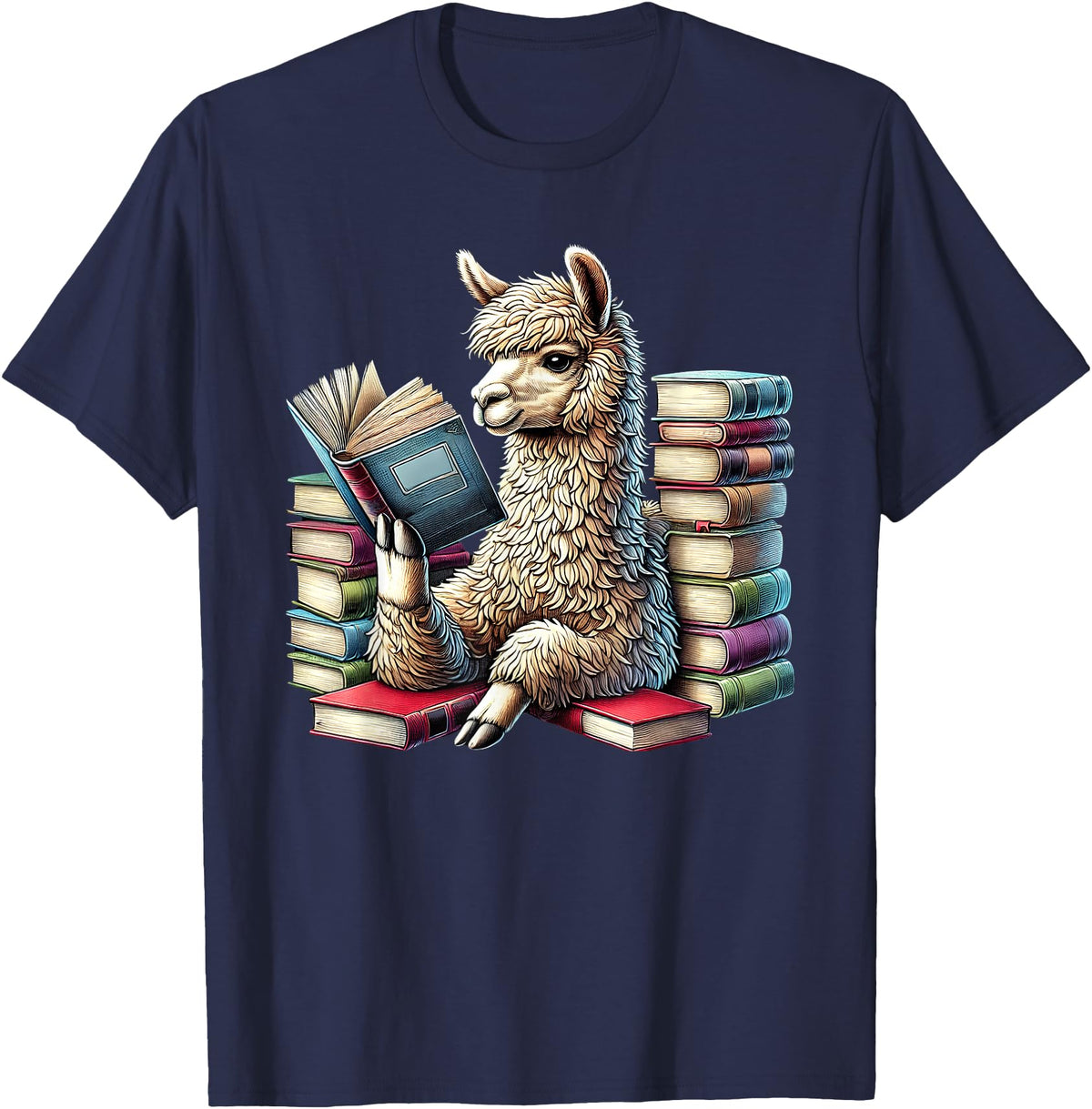 Llama Book Lover Llama Reading Book Reader Bookworm Alpaca Lover T-Shirt - Navy Blue
