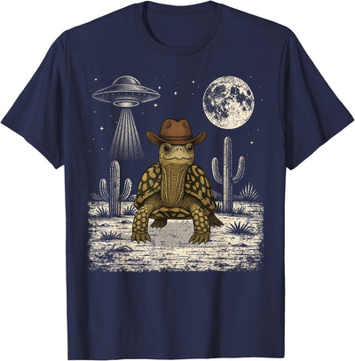 Retro Land Turtle Lover Halloween Moon Funny Eastern Box Turtle Cowboy Western UFO T-Shirt