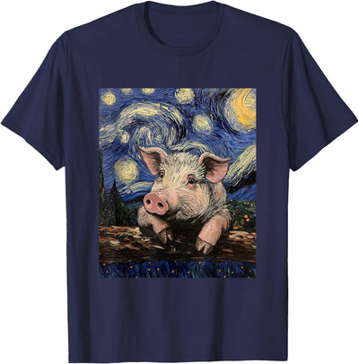 Cute Pig Funny Van Gogh Style Starry Night Graphic T-Shirt