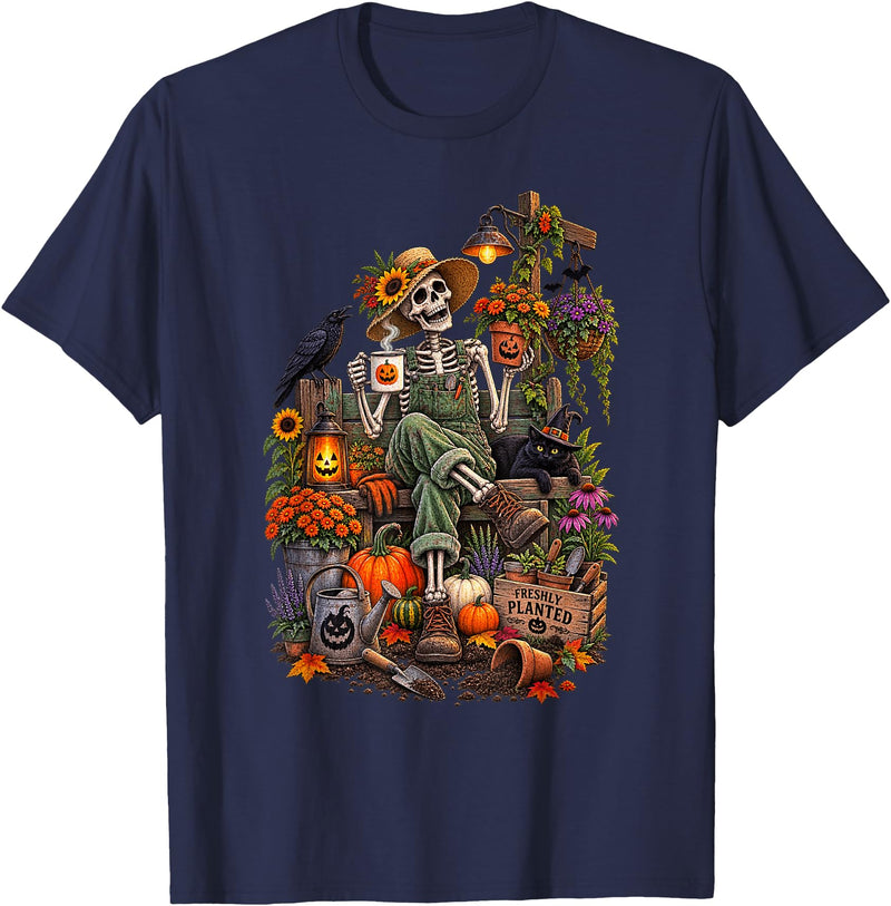 Halloween Gardening Lover Apparel & Gifts Outlet Freshly Planted Skeleton Gardener Halloween T-Shirt - Navy Blue