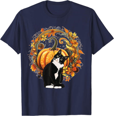 Tuxedo Cat Apparel for Autumn Halloween Fall Tuxedo Cat Halloween Lazy Costume Autumn Fall Wreath T-Shirt