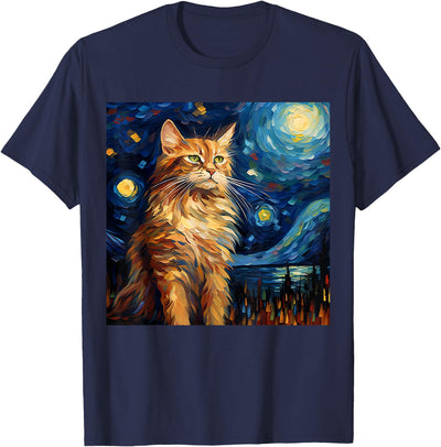 Maine Coon Cat Starry Night Painting Surreal Starry Night Maine Coon Cat T-Shirt