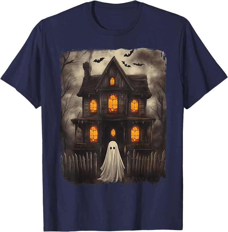Vintage Haunted House Ghost Halloween Costumes Vintage Ghost Haunted House Scary Halloween Costume Spooky T-Shirt - Navy Blue