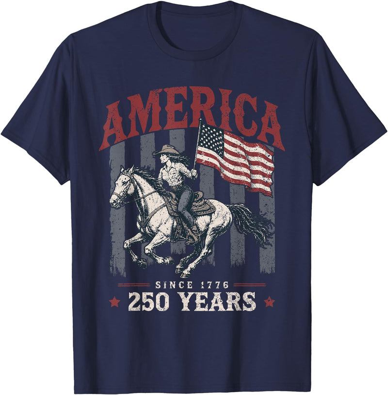 Patriotic 250th Anniversary America 1776 Apparel America 250 Years Cowgirl Riding Horse US Flag 1776 T-Shirt - Navy Blue