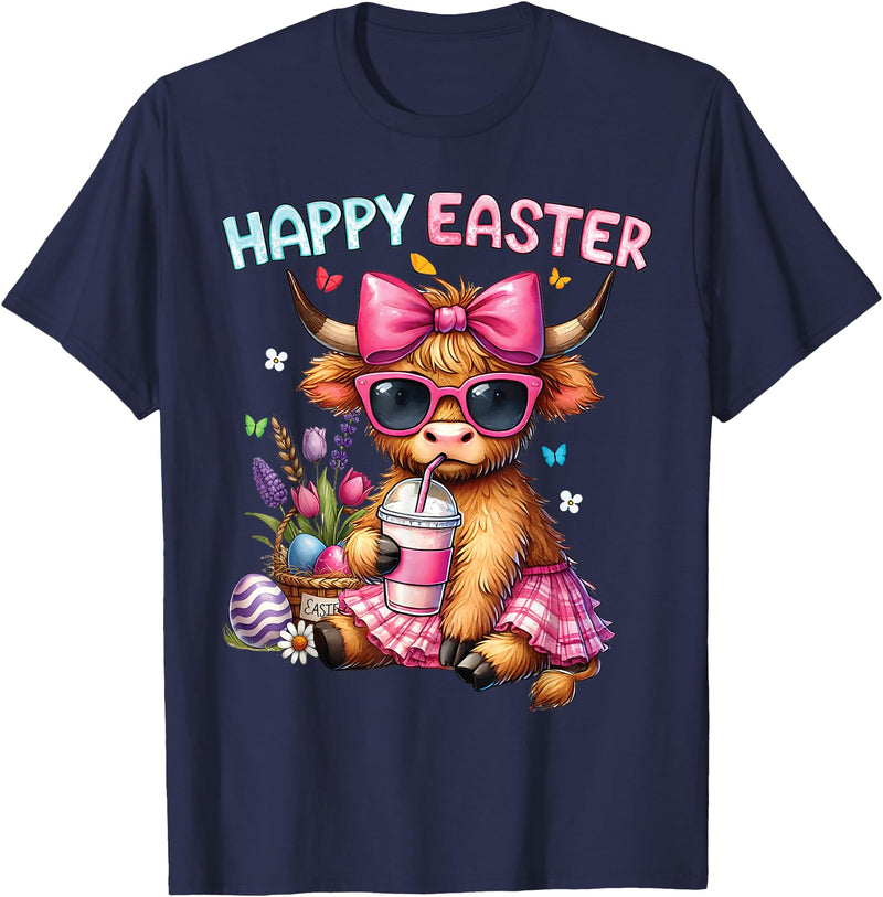 Farm Animal Highland Cow easter Gifts Happy Easter Day Highland Cow Cute Holiday Bunny Women Kids T-Shirt - Navy Blue
