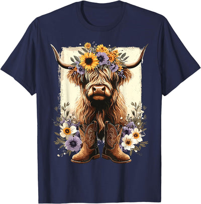 Funny Highland Cow Lover Floral Cowboy Boots Western Country T-Shirt