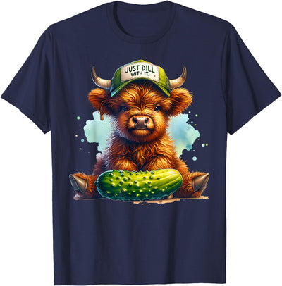 Cute Highland Cow Pickle Gardener Dill Hat Farm Animal Lover T-Shirt