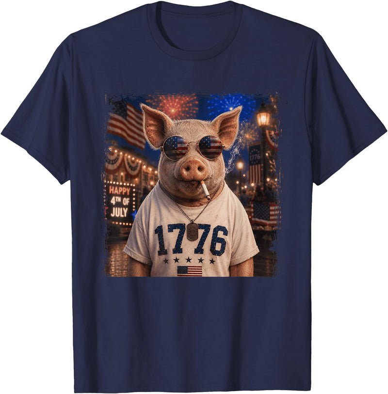 Pig Patriotic America USA Designs Pig Smoking Cigarette 250 Years T-Shirt - Navy Blue