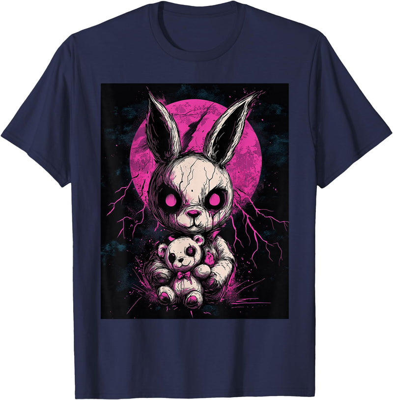 Anime Rabbit Goth Teddy Bear Gothic Anime Bunny T-Shirt in Navy Blue