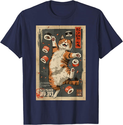 The Art of Print by MCMA - Digitally Enhanced Art How I Roll: Cat Cafe Sushi Poster Harajuku Kawaii Japanese T-Shirt, Small, Black