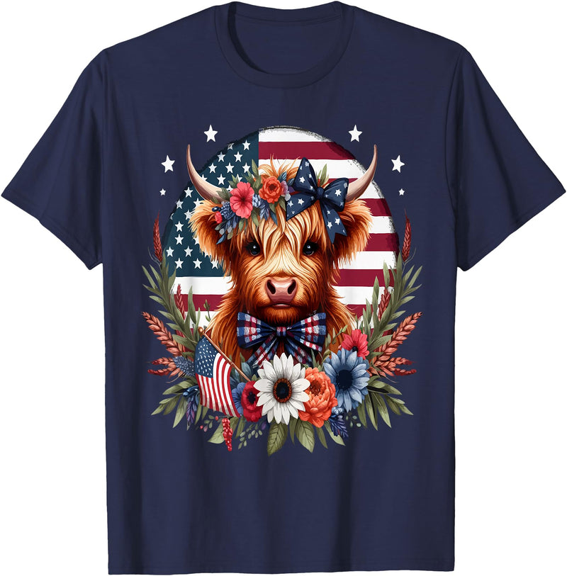 Funny July 4th Highland Cow Farm Lovers Gift Ideas Cute Highland Cow Florals 4th of July USA Flag Patriotic T-Shirt - Navy