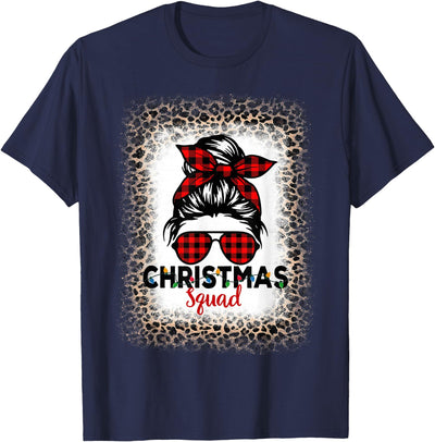 Cow Christmas Squad Women Messy Bun Buffalo Leopard Bleached T-Shirt