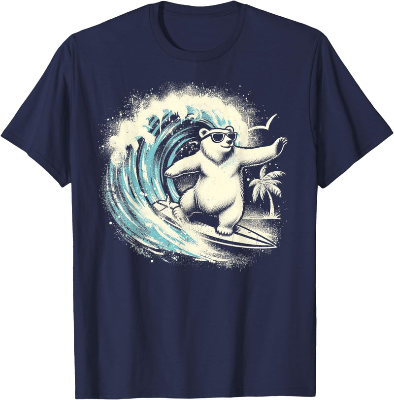 Smooth HQ Polar Bear Riding Surfing Ocean Wave T-Shirt - Navy Blue