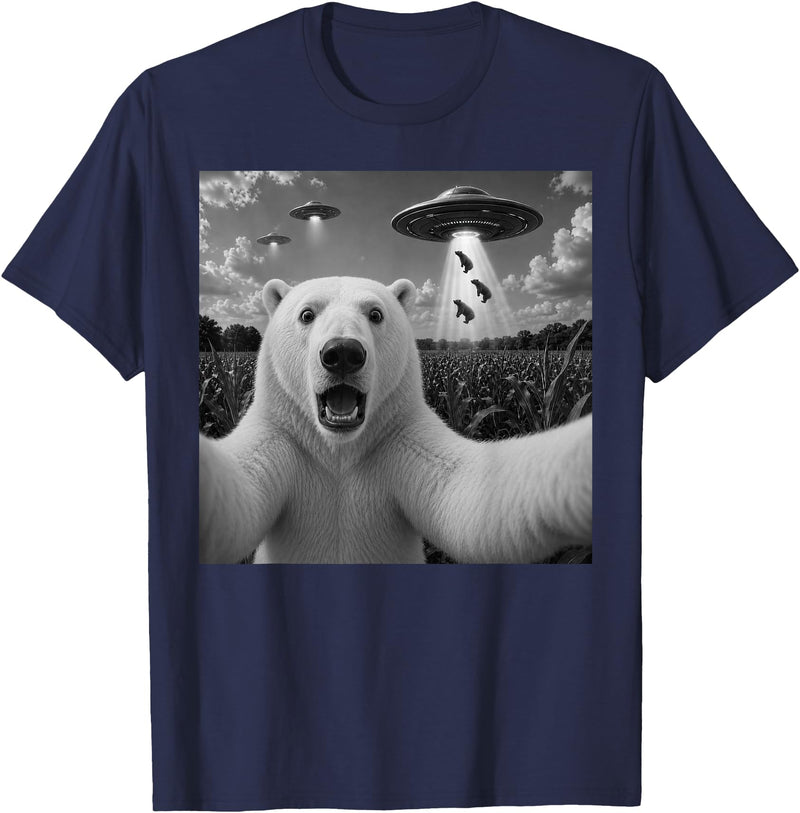 Retro Polar Bear Selfie with UFOs Meme Polar Bear Selfie with UFO Alien Funny T-Shirt - Navy Blue