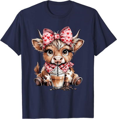 Highland Cow Coffee Addict Women Girl Cute Leopard Bow T-Shirt