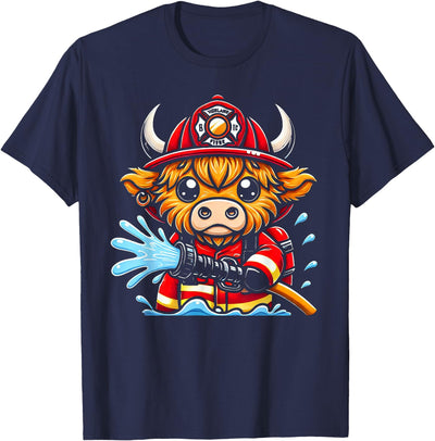 Kids Cute Cartoon Highland Cow Firefighter Fireman T-Shirt