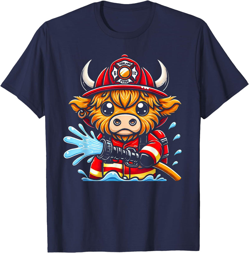 Highland Cow Firefighter Clothing For Kids Cute Cartoon Highland Cow Firefighter Fireman For Children T-Shirt - Navy Blue
