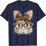 Cute Bunny Rabbit Face Leopard Coquette Bow Glasses Easter T-Shirt in Navy Blue