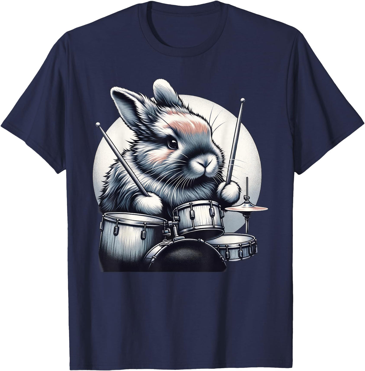 Cute Rabbit Bunny Playing Drums Rabbits Drummer Music T-Shirt in Navy Blue