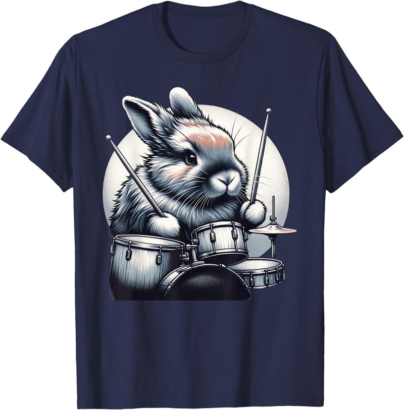 Cute Rabbit Bunny Playing Drums Rabbits Drummer Music T-Shirt in Navy Blue