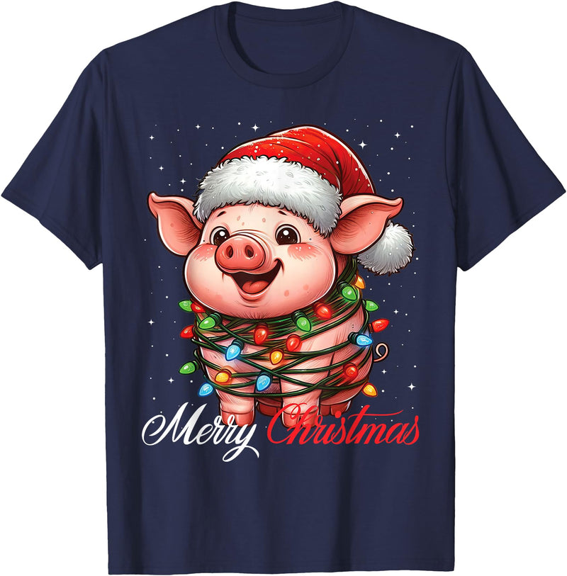 Wrapped with Christmas Lights Merry Christmas Pig Merry Christmas Lights Santa Hat Xmas Snow T-Shirt - Navy Blue