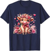 Happy Valentine Highland Cow Costume Love Clothing Valentine Highland Cow Print Cute Love Heart Flowers T-Shirt - Navy Blue