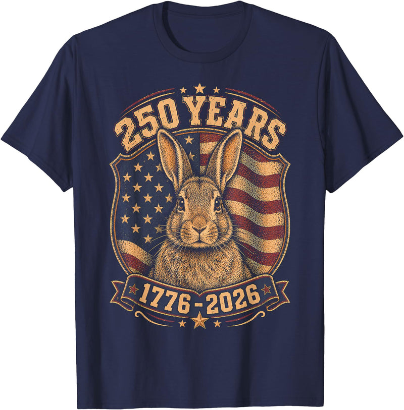 250th Anniversary USA 2026 American Flag Patriotic Rabbit T-Shirt in Navy Blue