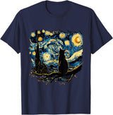 Cat Starry Night Van Gogh Cat T-Shirt for Cat Lovers, Women, Unisex, Black, Small, Short Sleeve, Classic Fit