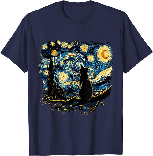 Cat Starry Night Van Gogh Cat T-Shirt for Cat Lovers, Women, Unisex, Black, Small, Short Sleeve, Classic Fit - Navy Blue