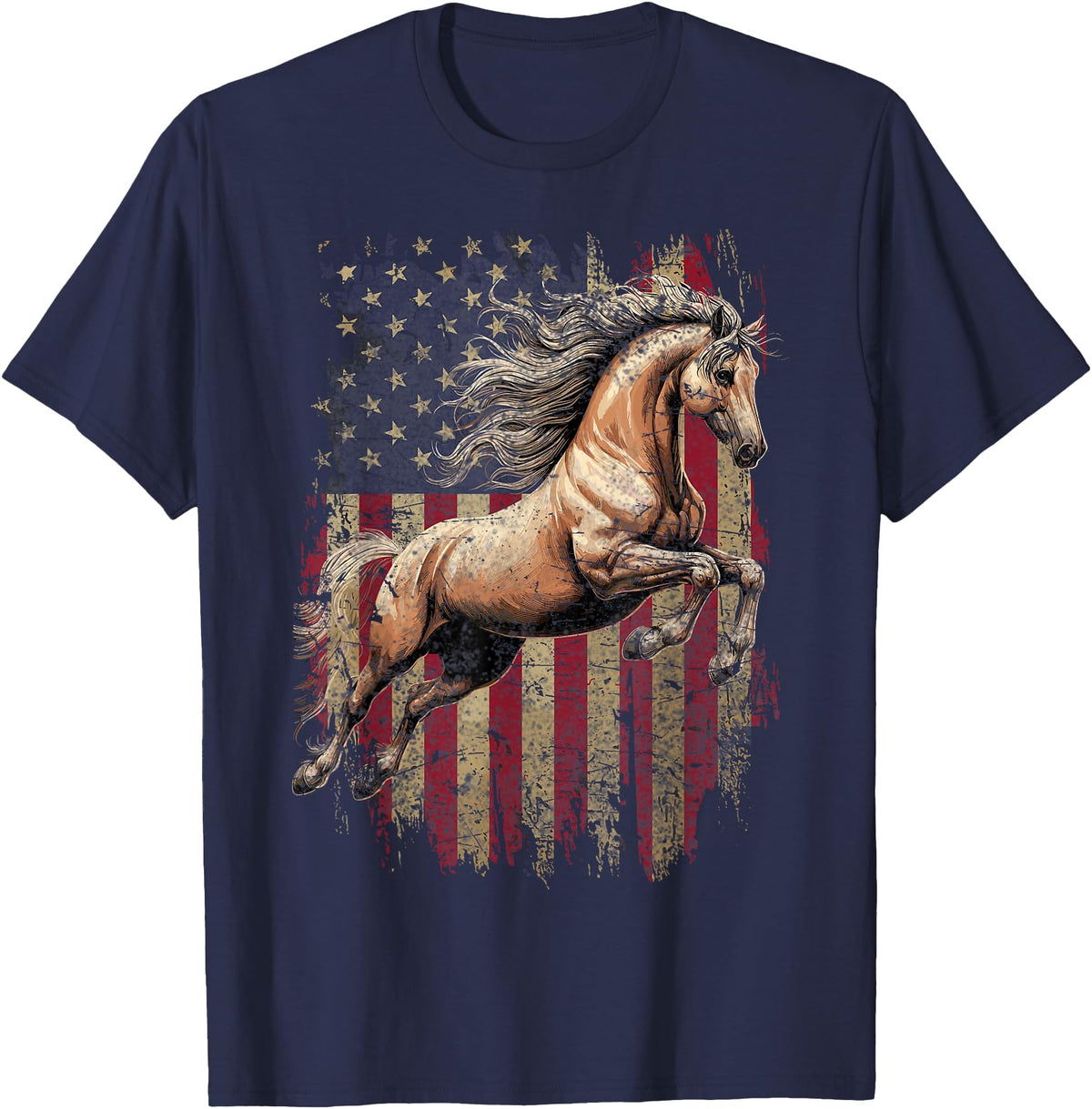 USA Flag Horse Lover Horse American Flag USA 4th of July Horses T-Shirt - Navy Blue
