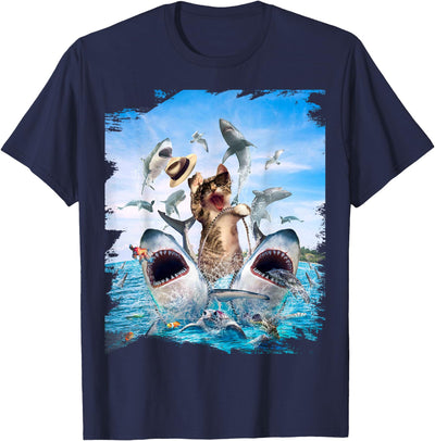 Random Galaxy Cat Riding Shark, Beach Ocean Cats Sharks, Sunglasses Funny T-Shirt