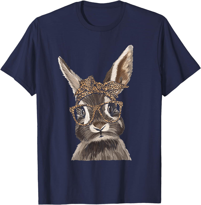 Cute Nerd Easter Bunny Mom Leopard Bandana Rabbit Easter T-Shirt in Navy Blue