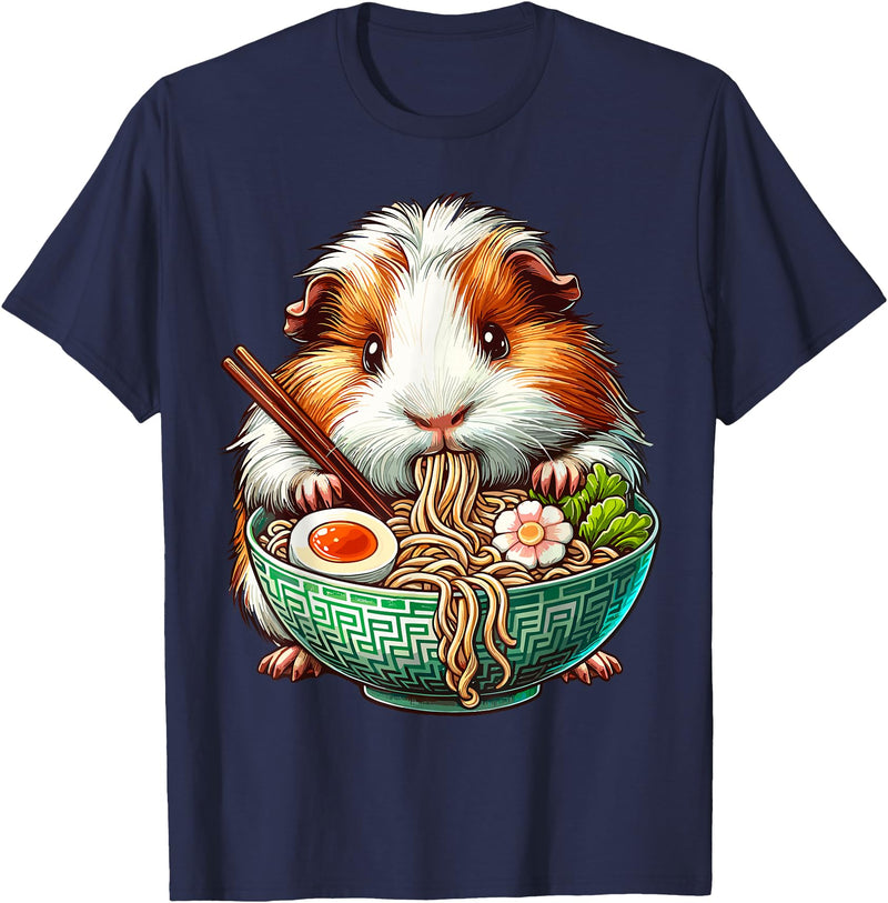 Cute Guinea Pig Gifts Guinea Pig Eating Ramen Japanese Noodles T-Shirt - Navy Blue