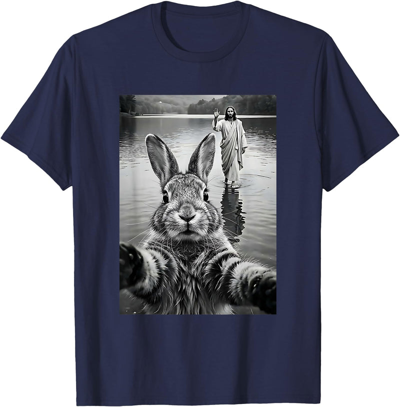 Funny Rabbit & Jesus Selfie, Easter, Religious, Christian T-Shirt in Navy Blue