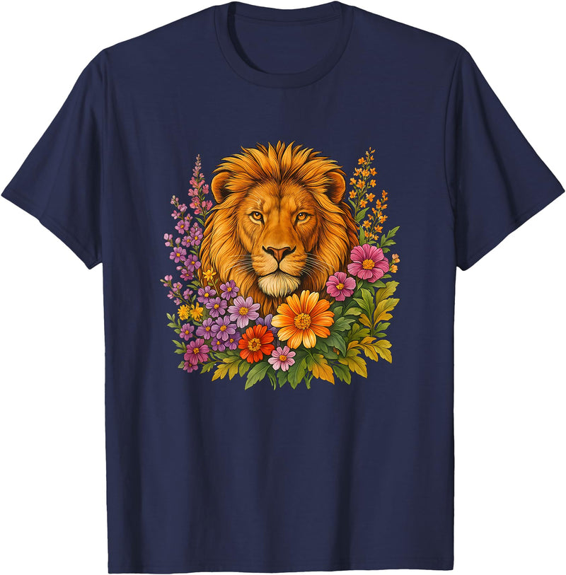 Cute and Funny Lions Graphic Designs. Lion Flower Floral Cute Men Women Kids T-Shirt - Navy Blue