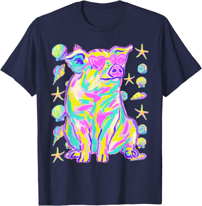 Coastal Summer Animals Beach Art Cute Pig with Hearts Sunglasses Seashells Coastal Summer T-Shirt - Navy Blue