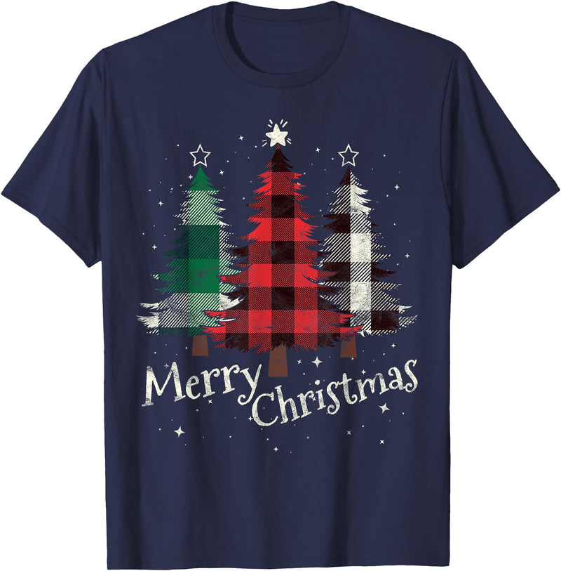 Merry Christmas Apparel Matching Family Clothes Merry Christmas Three Xmas Trees Buffalo Plaid Woman Gift T-Shirt - Navy Blue