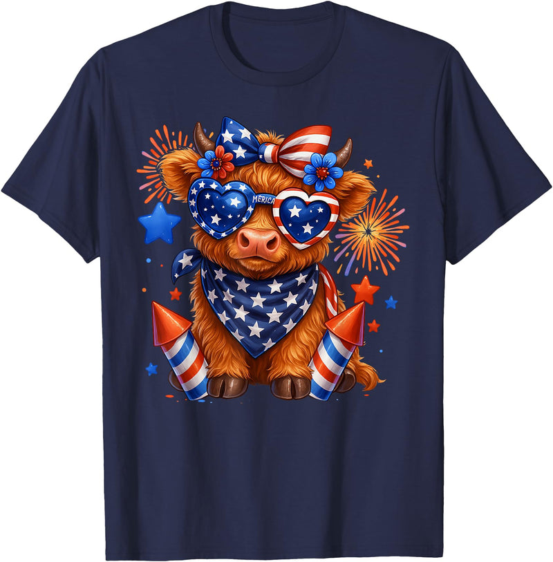 Cute Highland Cow 4th of July USA Flag Patriotic Cow Farmer T-Shirt - Navy Blue