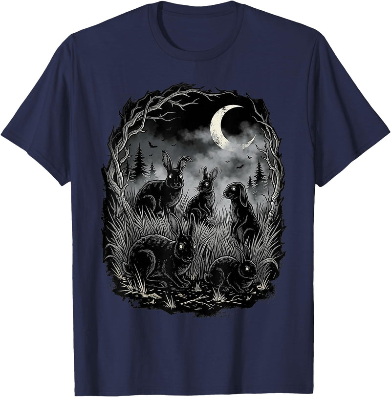 Midnight Woodland Rabbit Art Apparel Graphic Tees Creepy Black Rabbits Moonlit Forest Gothic Horror Halloween T-Shirt - Navy