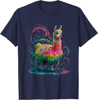 Colorful Watercolor Animal Designs Lama Men's Women's Colourful Watercolour Llama T-Shirt - Navy Blue