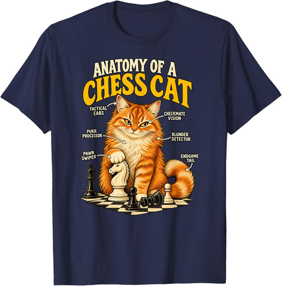 Chess Player Cat Anatomy of a Chess Cat Funny Gift T-Shirt - Navy Blue