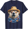 Whimsical Coastal Animals Beachgoers Cute Polar Bear with Sunglasses and Straw Hat Animal Summer T-Shirt - Navy Blue